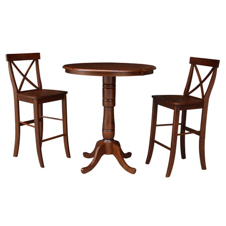 International Concepts Round 36 in Rd Top Ped Ext Table, 12 in Leaf, 2 RTA X-Back Barstools, Espresso, 36 in W, 48 in L, Wood K581-36RXT-6B-S6133